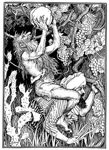 신드바드에게 업혀 와인을 마시는 노인. '아라비안나이트' 속 이야기를 표현한 삽화(1898)다. 신드바드는 바다 노인의 마수에 걸려 위기에 처했으나, 와인을 만들어 노인을 취하게 해 위기에서 벗어난다.