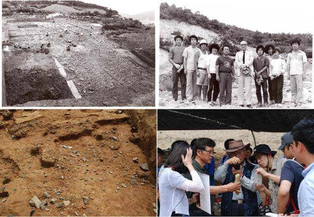 윗줄은 1985년 1차 발굴현장과 김원용 교수(중앙 우측)와 이융조 단장(중앙 좌측) 등이 함께한 사진. 아랫줄은 2014년 6차 발굴현장과 우종윤 발굴단장(왼쪽 두 번째부터)·배기동 교수·성춘택 교수 등이 눈금돌 현장자문회의를 하는 모습. 한국선사문화연구소 제공