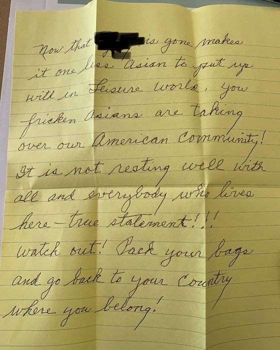 익명의 발신인이 한국계 미국인에 보낸 협박 편지. 앵그리아시안맨 트위터 캡처