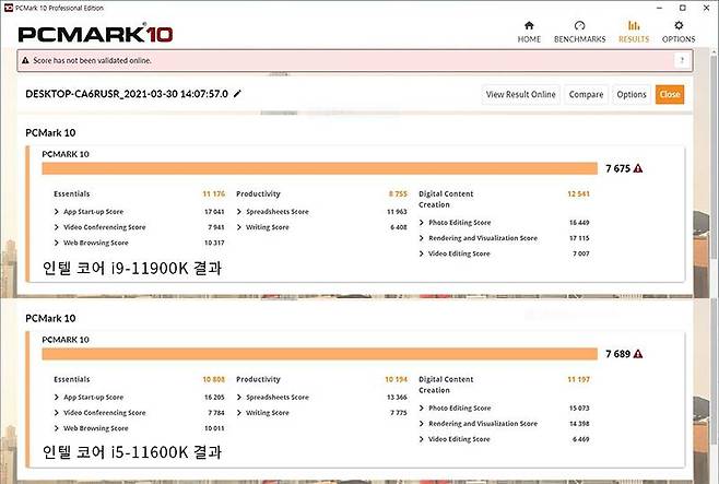 인텔 코어 i9-11900K의 PC마크 10 결과(위)와 i5-11600K의 PC마크 10 결과(아래). 출처=IT동아