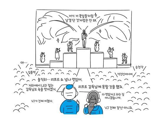 플랜 A의 김상욱 대표가 쓰고 김윤주 디자이너가 그린『케이팝 시대를 항해하는 콘서트 연출기』의 일러스트. 방탄소년단 데뷔 쇼케이스부터 스타디움 투어까지 함께 한 뒷 이야기를 담았다. [그림 달]