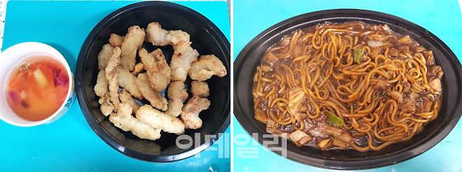 조리를 마친 ‘고메 바삭쫄깃한 탕수육’(왼쪽)과 ‘고메 풍미가득한 중화짜장’(오른쪽)을 각각 플레이팅 한 모습.(사진=김범준 기자)