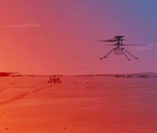 화성의 극한 환경에서 탐사활동을 수행하는 로버(왼쪽)와 헬리콥터(오른쪽).(자료=미국항공우주국)