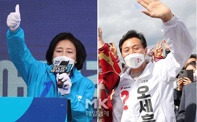 박영선 더불어민주당 서울시장 후보가 2일 서울 중구 남대문시장 앞에서 지지를 호소하는 유세 연설을 하고 있다.(좌) 국민의힘 오세훈 서울시장후보는 4일 강남구 반포 새빛둥둥섬에서 국민의당 안철수 대표와함께 한강변 시민과 함께 걷기행사에 앞서 포즈를 취하고있다./2021.04.04. 이승환기자.한주형기자