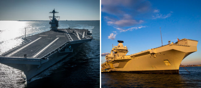 미국 항공모함 USS 제럴드R포드호(왼쪽)와 영국 퀸 엘리자베스호. [AP=뉴시스]