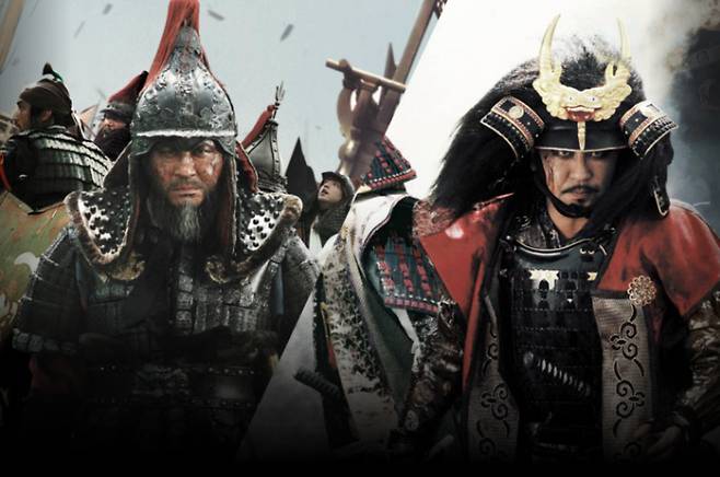 2014년 개봉해 1761만명 관객을 모은 영화 <명량> 속 이순신과 왜군 장수 구루지마 미치유키.