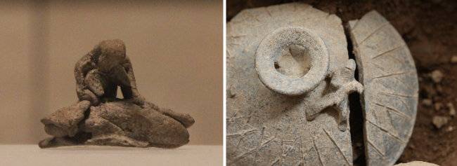 주검 앞에 슬퍼하는 여인의 모습(왼쪽)과 출산 중인 여인의 모습을 빚은 토우. [국립경주문화재연구소 제공]