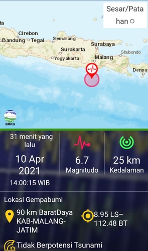 "지진 규모 6.7, 깊이 25㎞" [인도네시아 기상기후지질청]