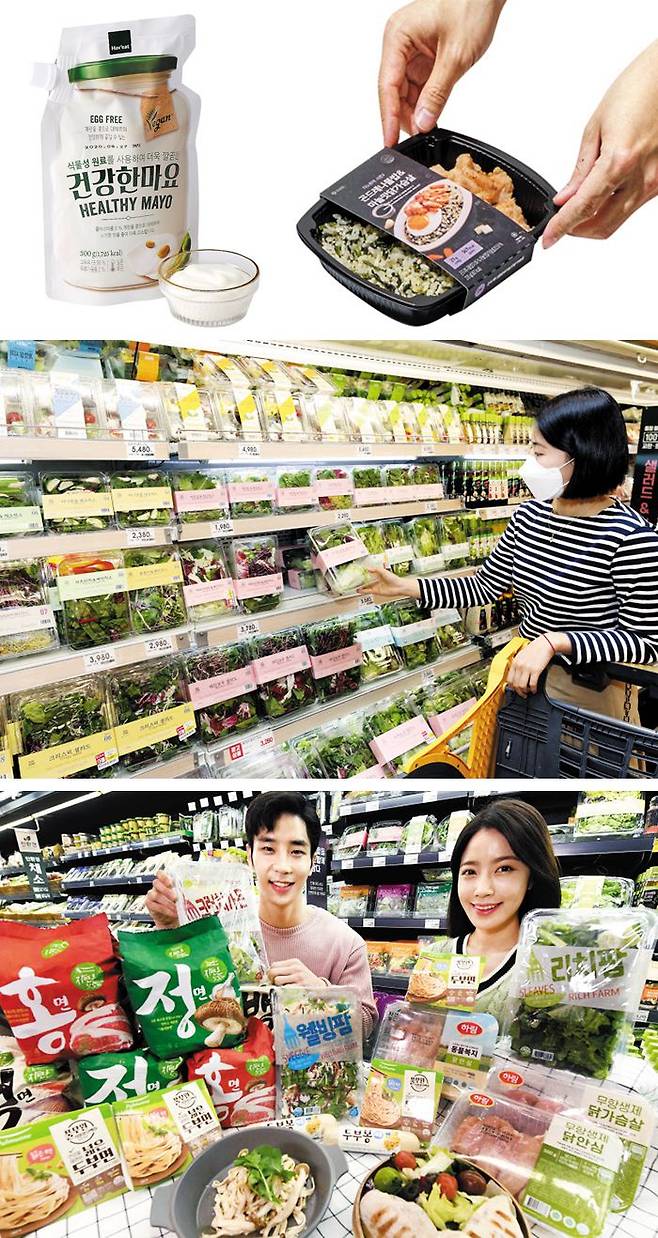 ‘코로나 비만’에 맞서는 저열량 또는 영양 균형 식품이 최근 잇달아 출시되고 있다. 위 왼쪽부터 롯데마트의 콜레스테롤 제로(0) 마요네즈, 스타트업 ‘다노’의 한끼 도시락, 이마트 샐러드 코너, 홈플러스의 ‘착한열량 상품’들. /다노·이마트·롯데마트·홈플러스