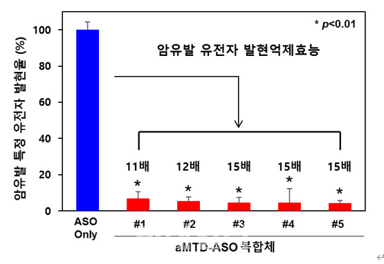TSDT 플랫폼기술이 적용된 펩타이드-핵산 복합체 (aMTD-ASO conjugate)의 폐암세포에서 암유발 특정 유전자 발현억제효능을 평가한 결과 중 상위 5개 물질(통계적 유의성 99% 신뢰수준). [제공=셀리버리]