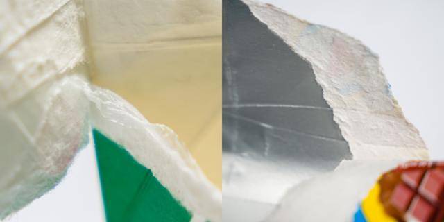 서울우유 우유팩(왼쪽 사진)을 찢어보니 겹겹의 종이와 비닐 코팅이 드러났다. 남양의 초코우유(오른쪽)는 멸균팩인데 찢으니 안쪽 알루미늄 코팅이 보인다. 한진탁 인턴기자