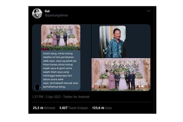 판툼 갈리마르가 SNS에 올린 결혼식 원본 사진(왼쪽)과 편집 사진. 원본엔 4명이지만 편집 사진엔 죽은 아버지를 추가해 5명이다. SNS 캡처