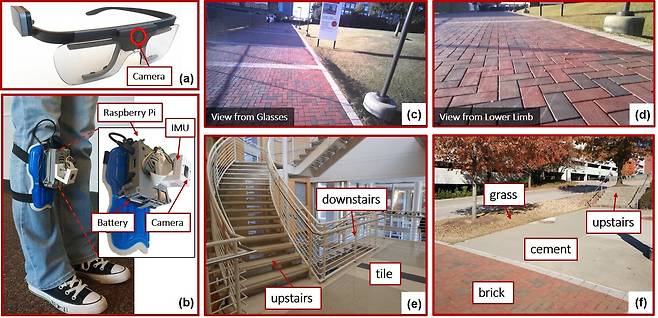 미국 노스 캐롤라이나 주립대 연구진은 사용자의 안경과 입는 로봇 무릎에 각각 카메라를 달고 주변 환경을 찍도록 했다. AI는 이 영상을 분석해 8가지 지형을 구분한다./미국 노스 캐롤라이나 주립대