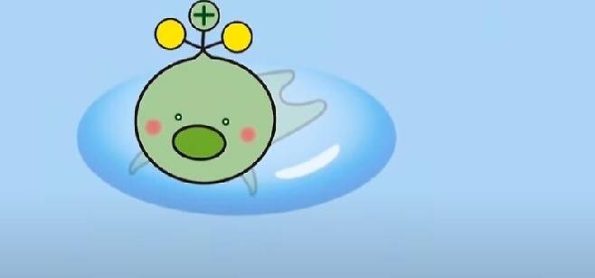 일본 부흥청이 13일 공개했던 동영상에 등장한 삼중수소(트리튬)의 모습. 캐릭터처럼 묘사되어 있다. 유튜브 갈무리