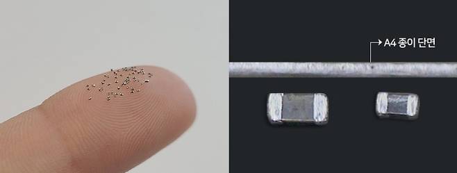 손가락 위에 올린 MLCC의 모습(왼쪽)과 A4 종이 단면과 비교한 MLCC 크기(오른쪽). /사진제공=삼성전기