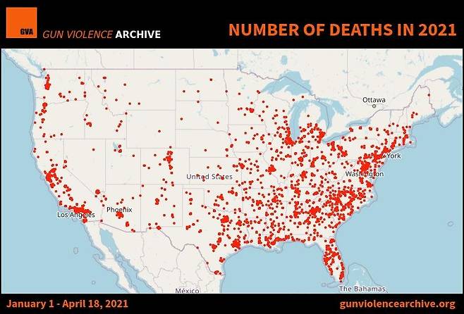 총기사용으로 인한 사망자는 올들어 1만2천여명에 달하는 것으로 집계되고 있다.[비영리단체 총기폭력 아카이브 캡처, DB 및 재판매 금지]