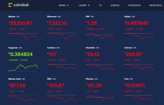 20일 오전 10시 20분 현재 암호화폐 사이트 코인데스크에 올라온 주요 암호화폐 시세. 도지코인만 나홀로 오르고 있다.[코인데스크 캡처]