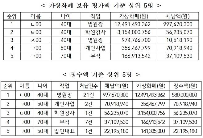 가상화폐를 보유한 고액체납자 현황.(서울시 제공)© 뉴스1