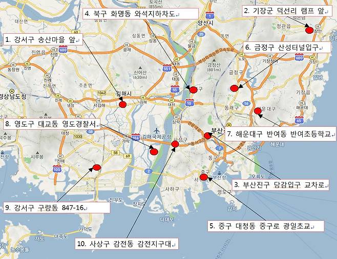 2020년 고정식 단속 장비  단속 상위 10개 지점 (출처: 부산 경찰청)