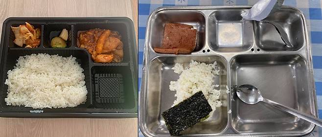 B씨가 공개한 도시락 사진(왼쪽), C씨가 공개한 식판 사진./사진=페이스북 '육군훈련소 대신 전해드립니다'