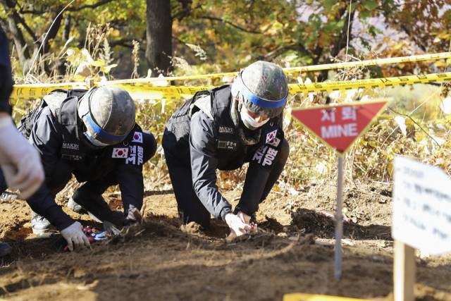국군 장병들이 지난해 1월 23일 철원 화살머리고지에서 지뢰제거 작업을 하고 있다. 이는 '9.19 남북군사합의'에 따라 DMZ일대에서 남북이 공동으로 진행하기로 한 작업이지만 북한은 이행하고 있지 않다. /사진제공=육군