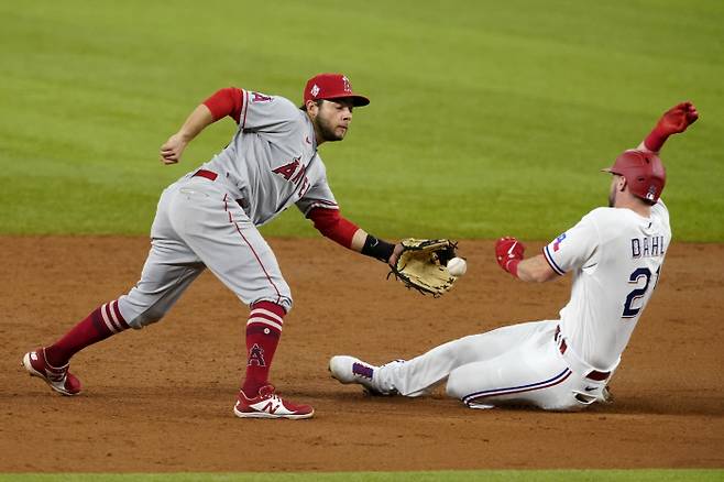 Los Angeles Angels second baseman David Fletcher reaches out for the throw from catcher Max Stassi before tagging out Texas Rangers‘ David Dahl who was attempting a steal in the third inning of a baseball game in Arlington, Texas, Wednesday, April 28, 2021. (AP Photo/Tony Gutierrez)
