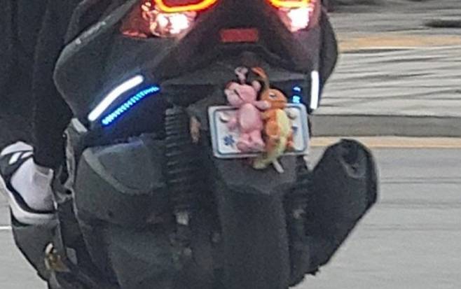 한 배달업 종사자가 교통법규 위반 단속을 피하기 위해 인형으로 번호판을 가리고 있는 사진이 온라인에서 화제다. [온라인 커뮤니티]