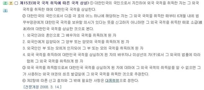 외국적 자진 취득시 한국 국적 상실 명시한 국적법 제15조 [국가법령정보센터 홈피 캡처=연합뉴스]