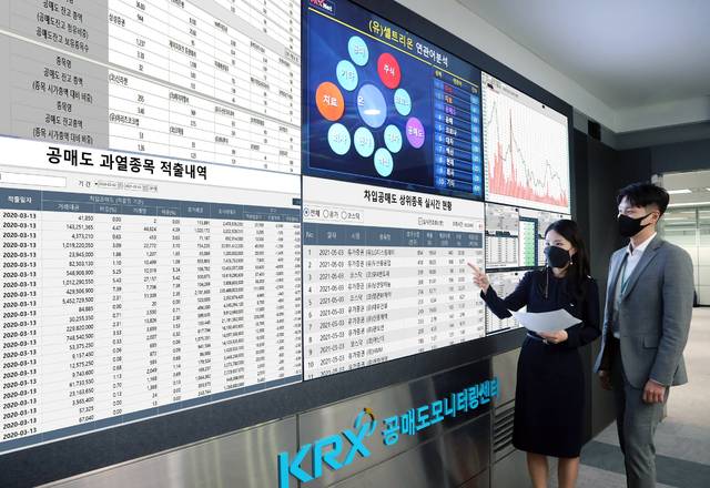 [서울=뉴시스]공매도 부분 재개가 이뤄진 3일 서울 여의도 한국거래소 공매도모니터링센터에서 직원들이 공매도 상황을 점검하고 있다. (사진=한국거래소 제공) 2021.05.03. photo@newsis.com *재판매 및 DB 금지