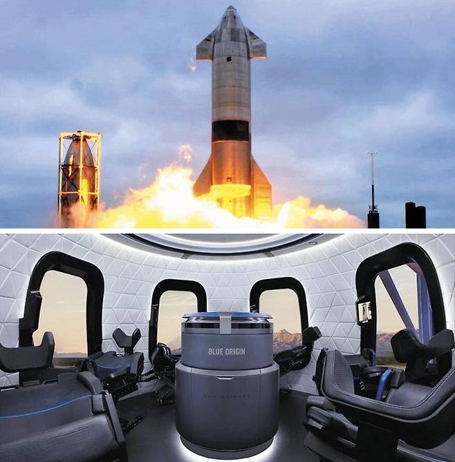 5일 미국 텍사스주 발사 기지에서 스페이스X의 화성 이주용 우주선 ‘스타십’이 발사되고 있다. 스페이스X는 5번 도전 끝에 우주선을 안정적으로 지상에 착륙시키는 데 성공했다(위쪽 사진). 스페이스X와 경쟁 관계인 블루오리진도 오는 7월 20일 첫 민간 우주 관광에 나선다. 아래쪽 사진은 승객을 태우고 우주로 갈 우주선 ‘뉴셰퍼드’ 내부 모습. /스페이스X·블루오리진