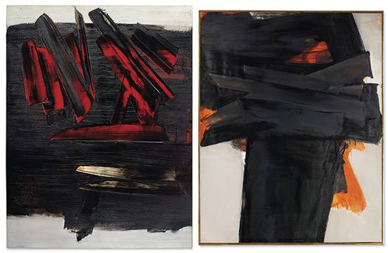 (좌) ‘회화 186×143㎝, 1959년 12월 23일(Peinture 186×143㎝, 23 decembre 1959)’. 2018년 11월 15일 크리스티 뉴욕 경매에서 1000만달러(약 110억원)가 넘는 금액에 낙찰됐다. 현재까지 그의 전작 가운데 가장 높은 경매가를 기록한 작품이다. (우) '회화 202×159㎝, 1965년 7월 3일(Peinture 202×159㎝, 3 juillet 1965)’. 2021년 3월 23일 크리스티 런던 경매에서 300만파운드(약 46억원)가 넘는 금액에 낙찰된 바 있다.