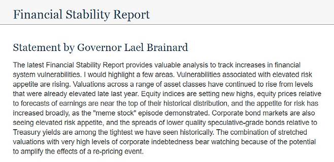 라엘 브레이너드 연방준비제도(Fed) 이사가 6일(현지시간) 내놓은 금융안정 반기보고서 관련 성명서 일부. (출처=연준)