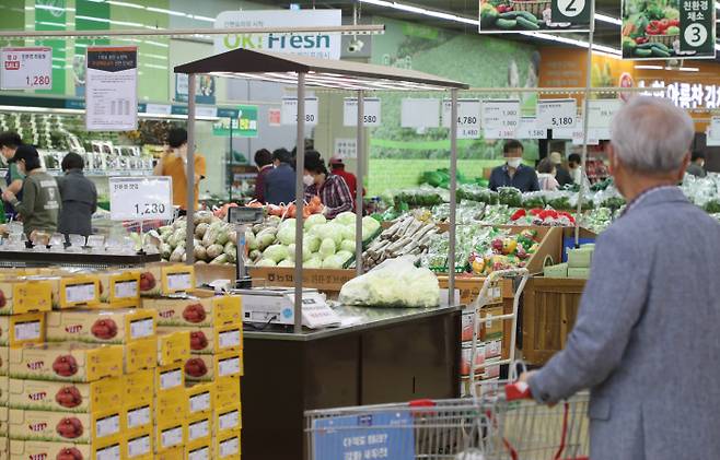 서울 양재동 농협 하나로마트의 농수산물 코너에서 9일 시민들이 장을 보고 있다. 연합뉴스