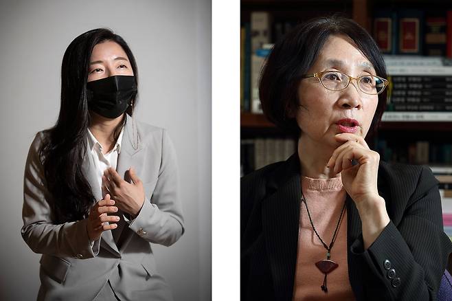 여성 징병제에 대한 생각을 밝히는 주하림 작가(왼쪽)와 양현아 서울대학교 법학전문대학원 교수. ⓒ시사IN 이명익(왼쪽)·조남진