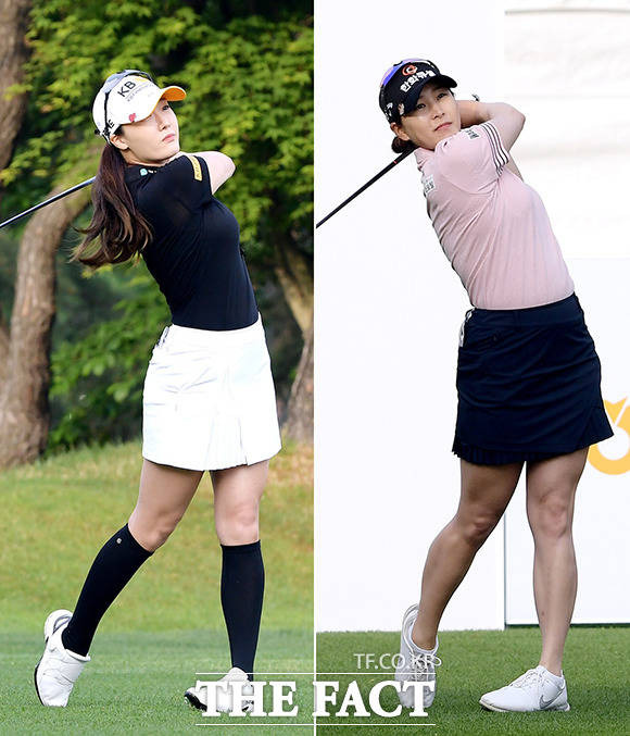 KLPGA 2021시즌 다섯 번째 대회인 '2021 NH투자증권 레이디스 챔피언십' 1라운드가 14일 오전 경기도 용인시 수원컨트리클럽에서 열린 가운데 오지현(왼쪽)과 김지현이 각각 1번 홀과 10번 홀에서 티샷을 하고 있다. /용인=이선화 기자