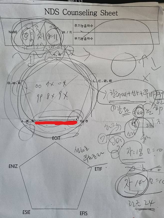 기자의 이름 유형 분석표. 오각형 밑바닥 선분(빨간줄)으로 나왔다./부산=양지혜 기자