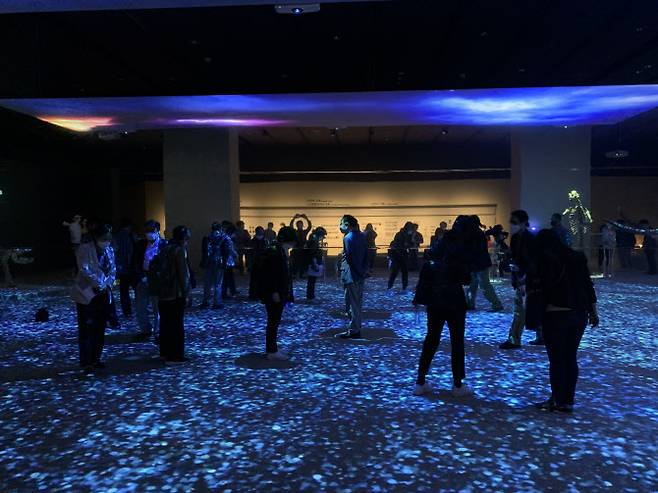 국립중앙박물관 특별전 ‘호모 사피엔스’ 실감형 콘텐츠 ‘함께하는 여정’은 지구에 존재하는 모든 생물종이 그물처럼 하나로 연결돼 있다는 것을 보여준다.(사진=이데일리 김은비 기자)