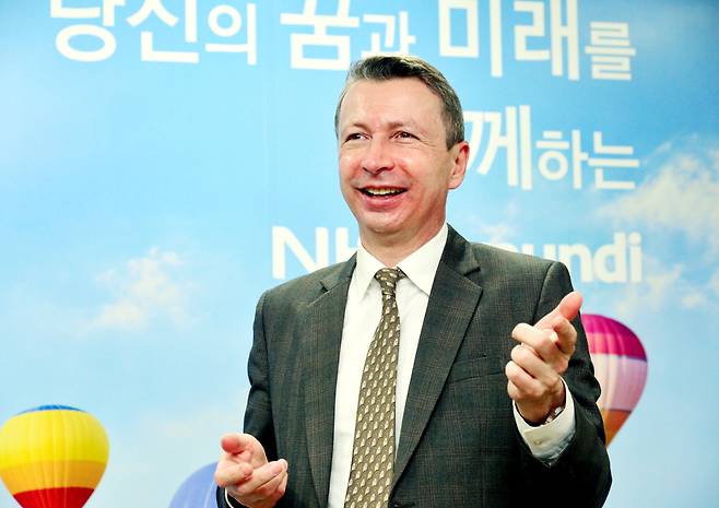 NH-Amundi Asset Management Deputy CEO Nicolas Simon poses for a photo during an interview with The Korea Herald in Yeoudio, western Seoul. (Park Hyun-koo/The Korea Herald)