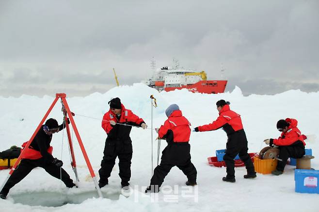 라온호 북극항해 중 해빙관측을 하는 연구원들(사진=극지연구소 제공)