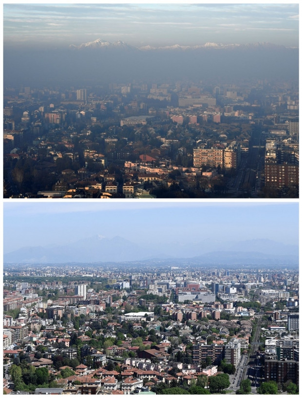 2019년 11월 1일(사진 위)과 2020년 4월 20일 촬영된 인도 뉴델리의 스카이라인. 사진=AP 연합뉴스