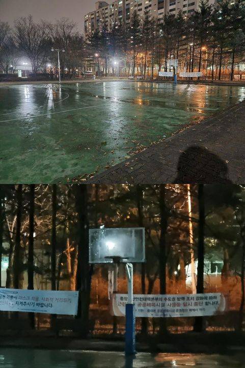 갤럭시S21 울트라로 촬영한 아파트 단지 내 농구장 모습(위). 아래는 같은 거리에서 줌을 활용해 촬영한 농구대 모습.