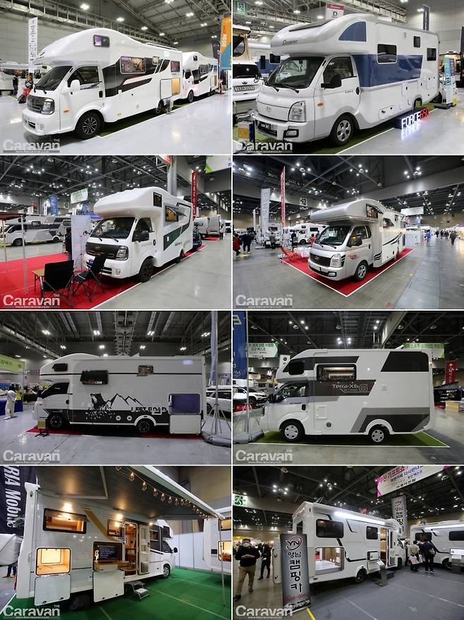(윗줄 왼쪽부터) 제일모빌 DS9e U+, 다온티앤티 포스 650, 스페이스모빌 슈퍼밴-5, 캠핑매니아 매니아 630 ,예스알브이 제우스 640FU, 미스터캠퍼 테라-X6, 아리아모빌 벨라 640S, 영남캠핑카 트레블라인650