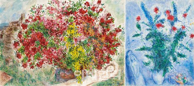 마르크 샤갈이 1973년에 그린 ‘생 폴 드 방스의 정원’(왼쪽). 26일 케이옥션 ‘5월 경매’에서 42억원을 부른 새 주인을 만났다. 오른쪽은 샤갈의 ‘붉은 꽃다발과 연인들’(1975·92×73㎝). 최근 국립현대미술관에 기증된 이건희컬렉션 중 유일한 샤갈의 작품으로 ‘생 폴 드 방스의 정원’(1973)과 같은 장소, 비슷한 시기에 그려져 화제가 됐다(사진=케이옥션·국립현대미술관).