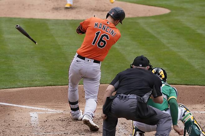볼티모어 오리올스의 트레이 만치니가 지난 1일(현지시간) 캘리포니아 오클랜드에서 열린 경기에서 배트가 부러지는 타격을 하고 있다. AP|연합뉴스