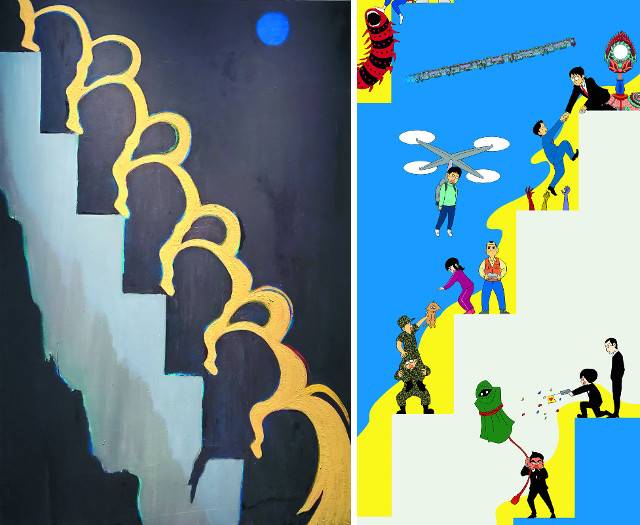 주재환 작가의 ‘계단을 내려오는 봄비’(캔버스에 아크릴, 61×45.5㎝, 1987년)와 이를 패러디한 주호민의 ‘계단에서 뭐 하는 거지’ 중 부분(디지털 출력, 740×220㎝, 2021년 작, 오른쪽). 아버지 주재환의 작품이 계단 이미지를 통해 권력과 위계질서를 풍자한다면 아들 주호민은 서로 끌어주며 계층 사다리에 도전하는 노력을 보여준다.