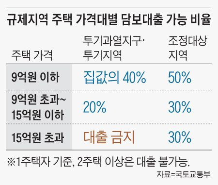 규제지역 주택 가격대별 담보대출 가능 비율