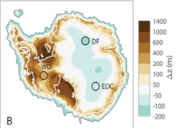 서남극은 빙하기 동안 현재보다 고도가 높아졌는데 동남극 내륙은 오히려 빙하 표층 고도가 내려갔다. [자료=안진호교수 연구실]