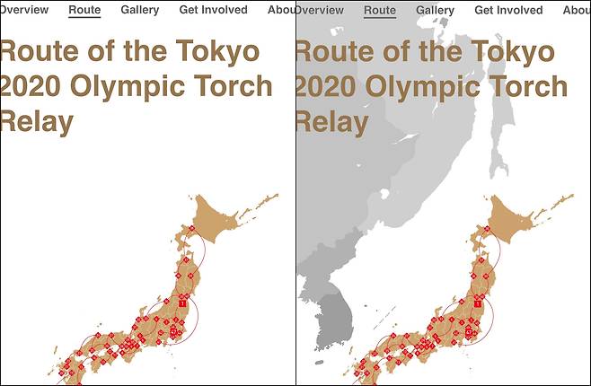 현재 도쿄올림픽 홈페이지에 작은 점으로 독도를 표기한 일본 지도(좌), 독도의 올바른 표기 방법을 일본측에 알려준 지도 예시안(우).(서경덕 교수 연구팀 제공)© 뉴스1