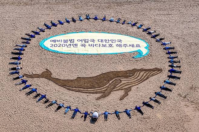 2019년 10월 29일 그린피스가 부산 해운대 해수욕장에서 개최한 샌드아트 퍼포먼스. 시민들이 ‘샌드드로잉’ 기법(모래에 그림을 그리는 예술 행위)으로 그려진 고래그림과 대형 배너를 원으로 둘러싸며 해양 보호에 대한 목소리를 전했다.사진 그린피스 서울사무소 제공
