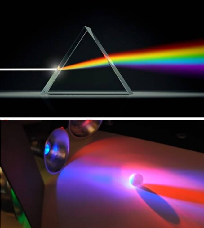 뉴롭신은 빛 스펙트럼의 보랏빛에만 반응한다(위). 반면 형광등이나 LED처럼 파란빛과 빨간빛이 더해져 만들어진 보랏빛은 소용이 없다(아래). Prism Institute, 유튜브 캡처